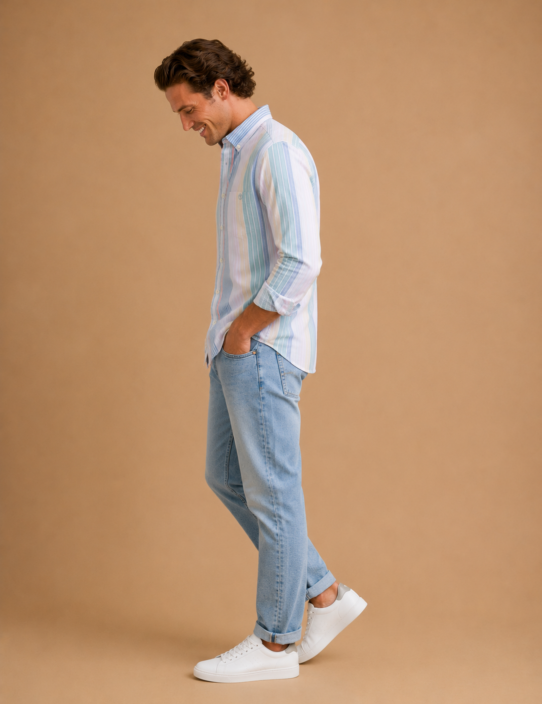 Cotton Oxford Sport Button Down Shirt in Prescott Stripe