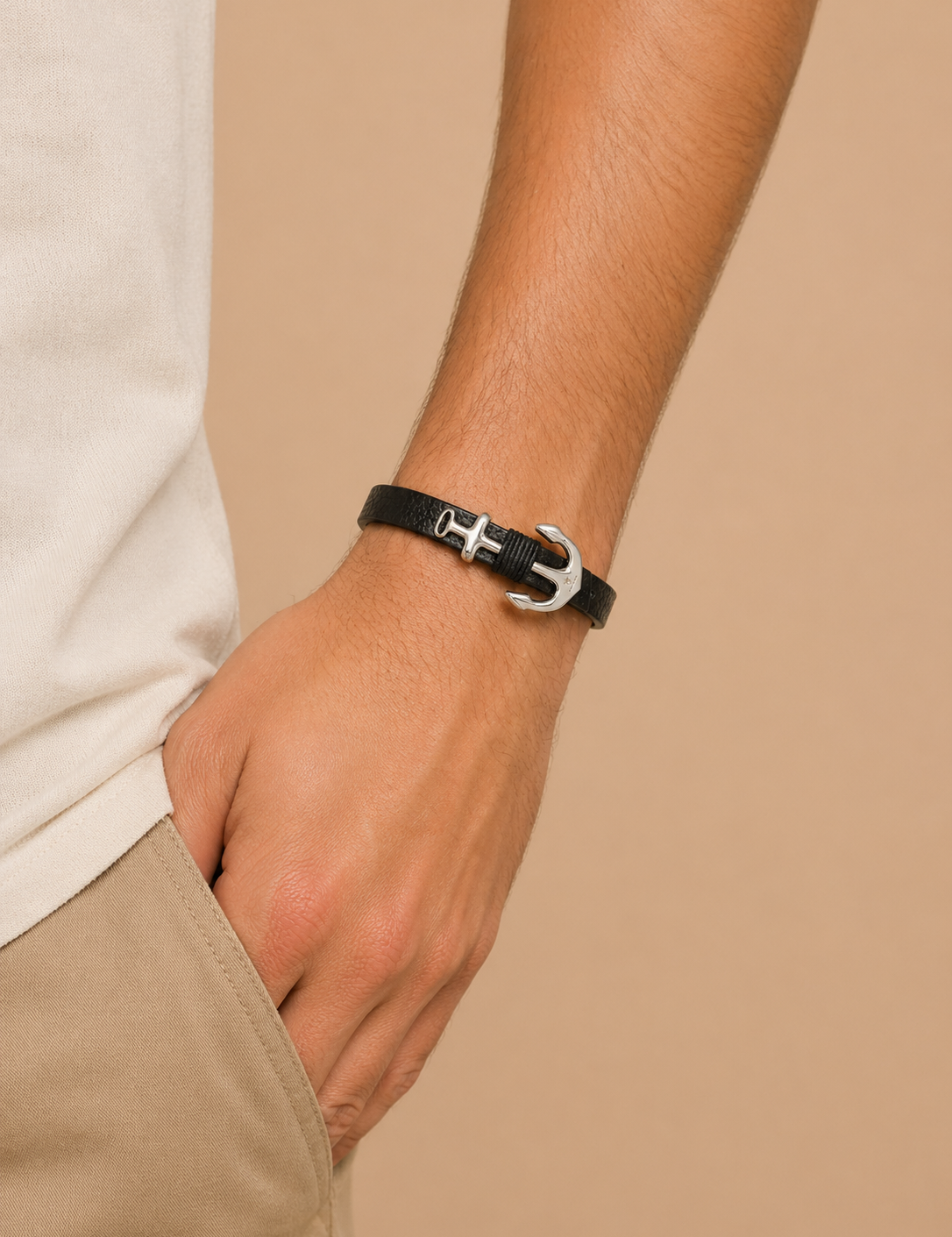 Leather Stainless Steel Anchor Bracelet with Adjustable Strap