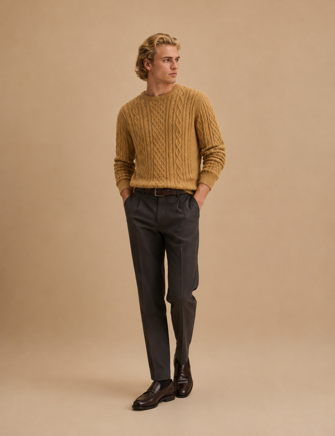 Mohair Wool Bend Fishermans Cable Knit Crewneck Sweater
