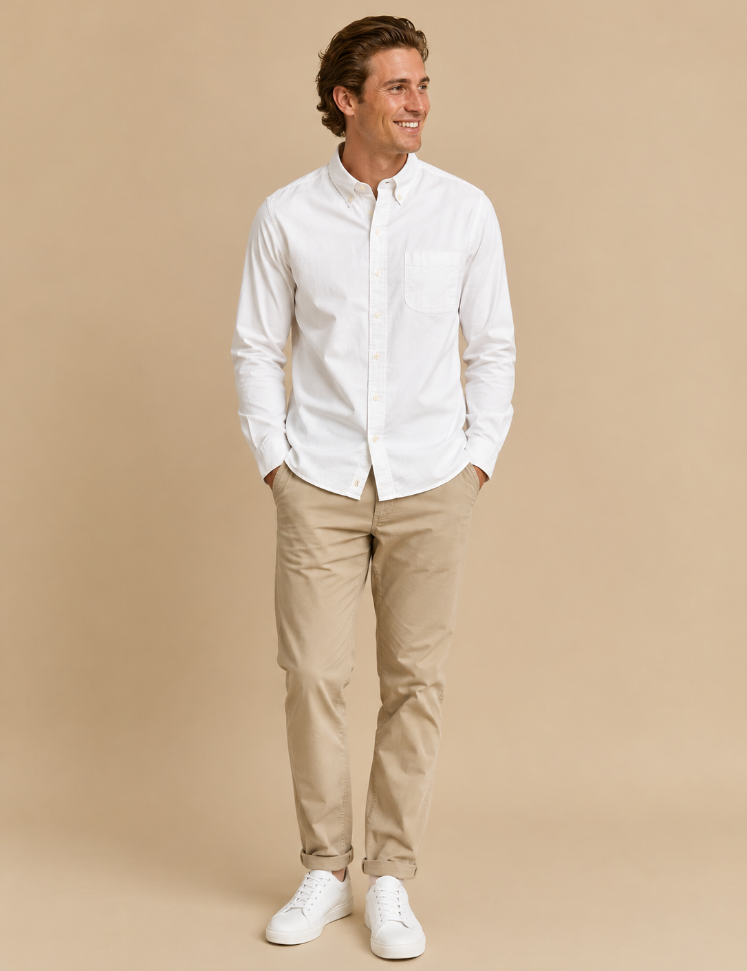 Cotton Oxford Sport Button Down Shirt In Solid White