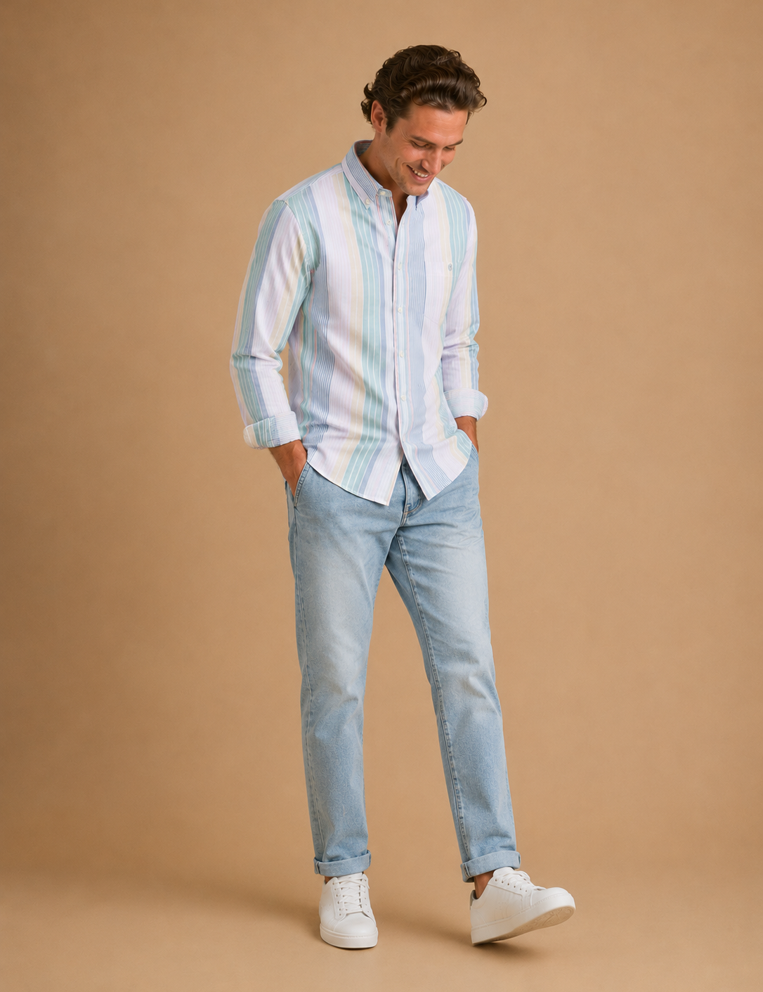 Cotton Oxford Sport Button Down Shirt in Prescott Stripe
