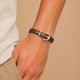 Leather Stainless Steel Anchor Bracelet with Adjustable Strap