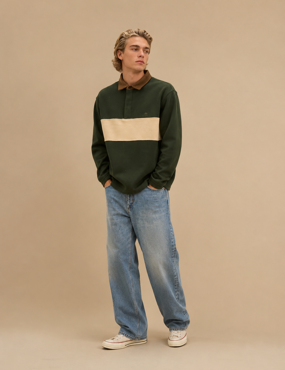 Awake Polar Fleece Colorblock Corduroy Collar Long Sleeve Polo